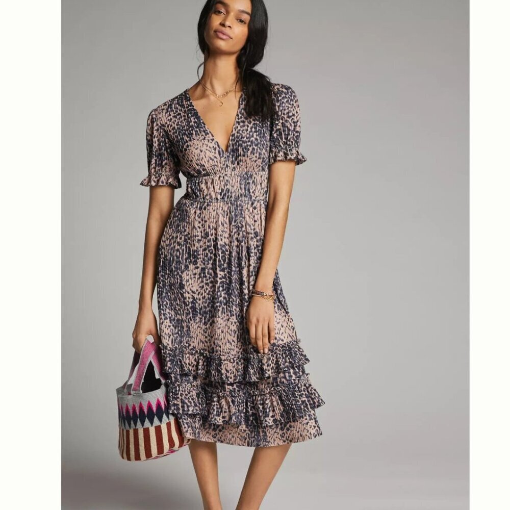 Anthropologie Hutch Adelia Ruffled Midi Dress Leopard Print Sz M